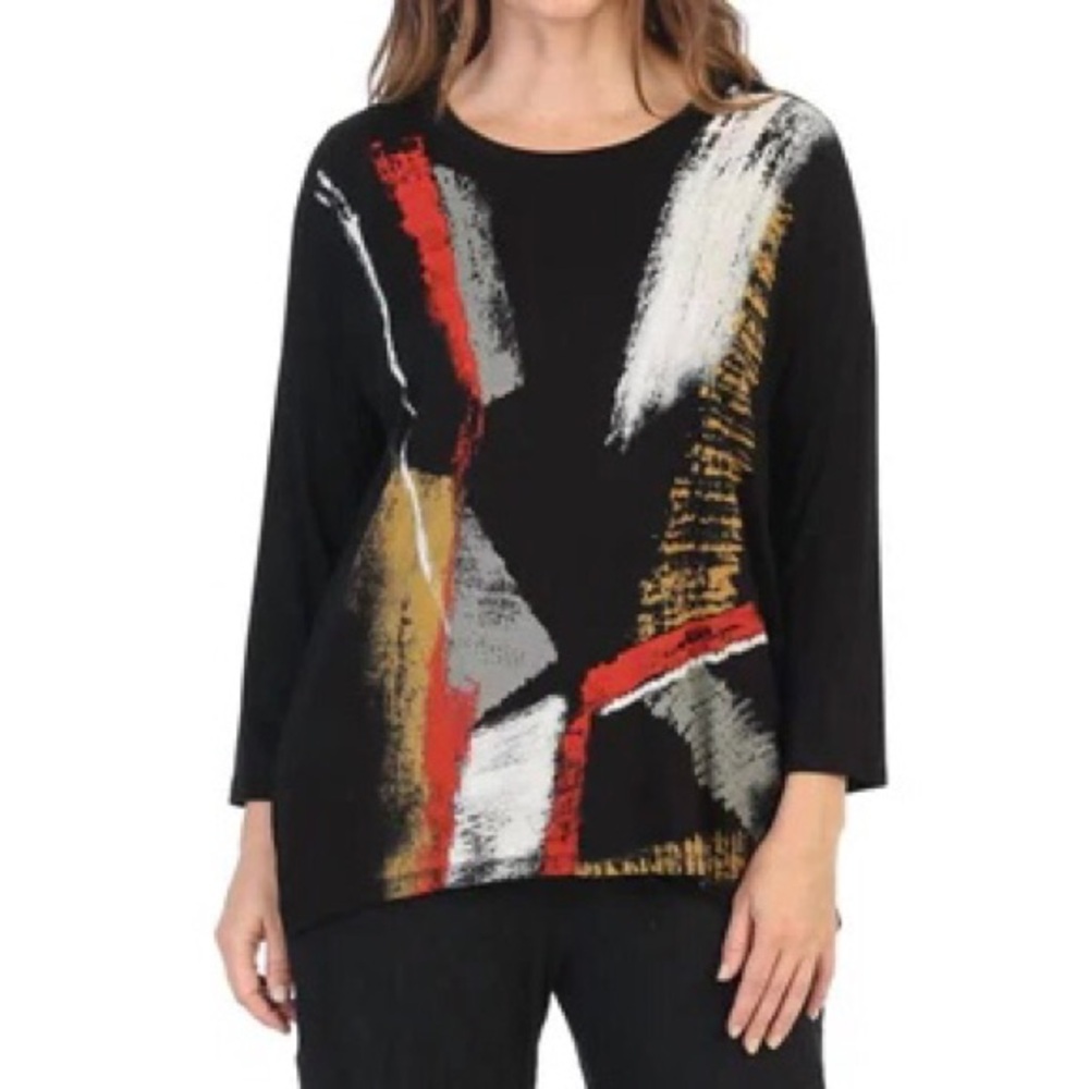Jess & Jane‎ Womens Top Size Small Black Artsy Paint Strokes 3/4 Sleeve Stretchy